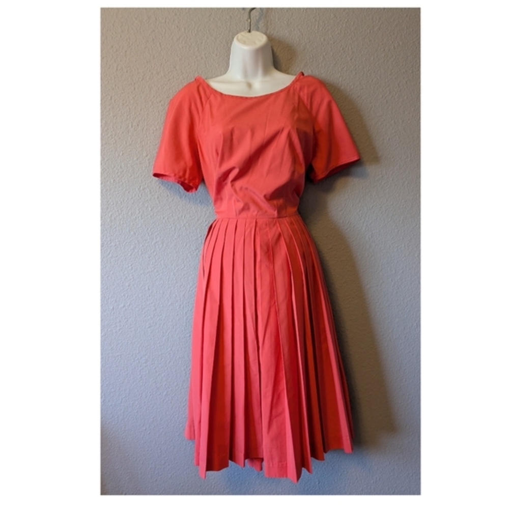Vintage Elegant Orange Peach Dress Pleats Fit & Flare With Pockets Sz. L - Picture 2 of 10